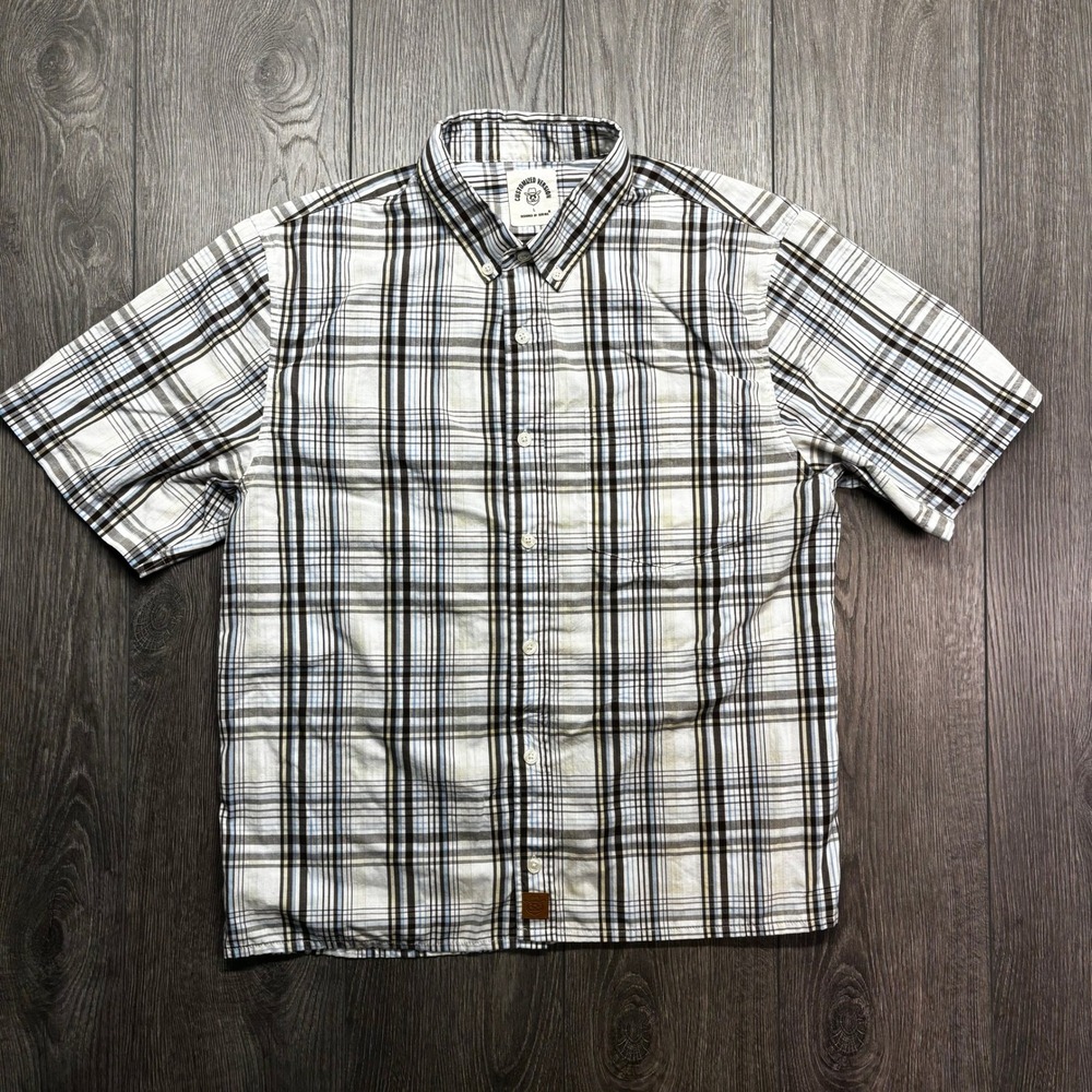 Dubinik Mens Plaid Short Sleeve Button Down Shirt Blue Brown White Large